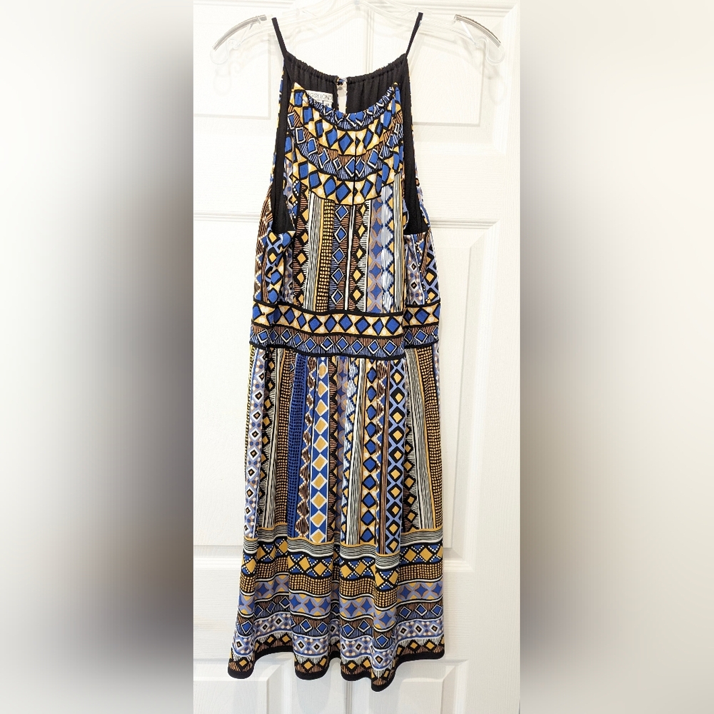 Maggy London BOHO Halter Tribal Sleeveless Mock Neckline Stretchy Midi Dress 14